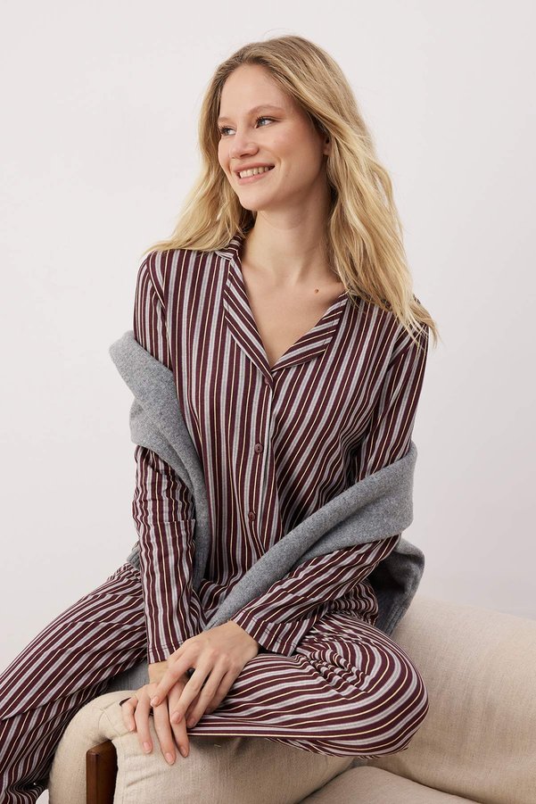 Trendyol Collection Brown 100% Cotton Striped Shirt-Trousers Knitted Pajama Set THMAW24PT00144