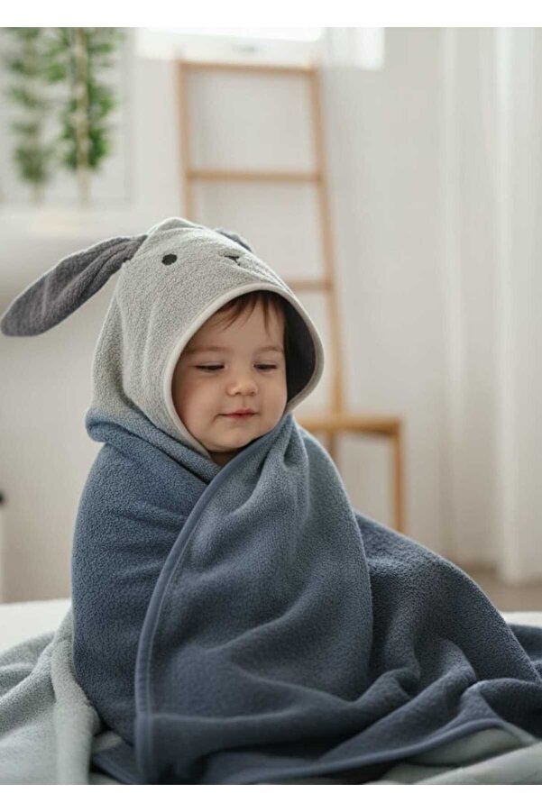 Alpar Tekstil %100 Pamuklu Yumuşacık Kız- Erkek Bebek Banyo Havlu Kundak KOYU GRİ / Tavşan