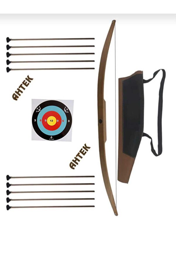 Ahtek Doğal Ahşap Ok Yay Seti, Yay + 10 Adet Ok + Sadaklı Taşıma Çantası+ Hedef
