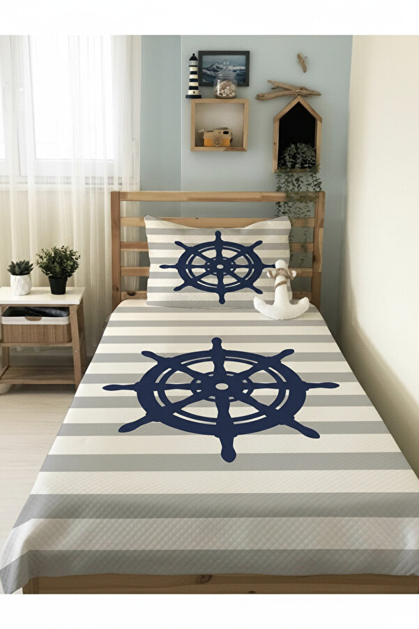 Evmila Gemi Dümen Desenli Bebek Ve Çocuk Baskılı Tek Kişilik Pike Takımı 160x230 Gri