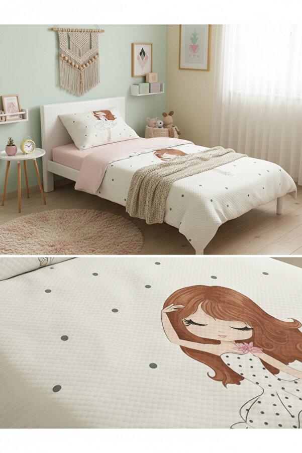 Evmila EVMİLA Balerin Kız Desenli Bebek Ve Çocuk Baskılı Tek Kişilik Pike Takımı 160x230 Beyaz