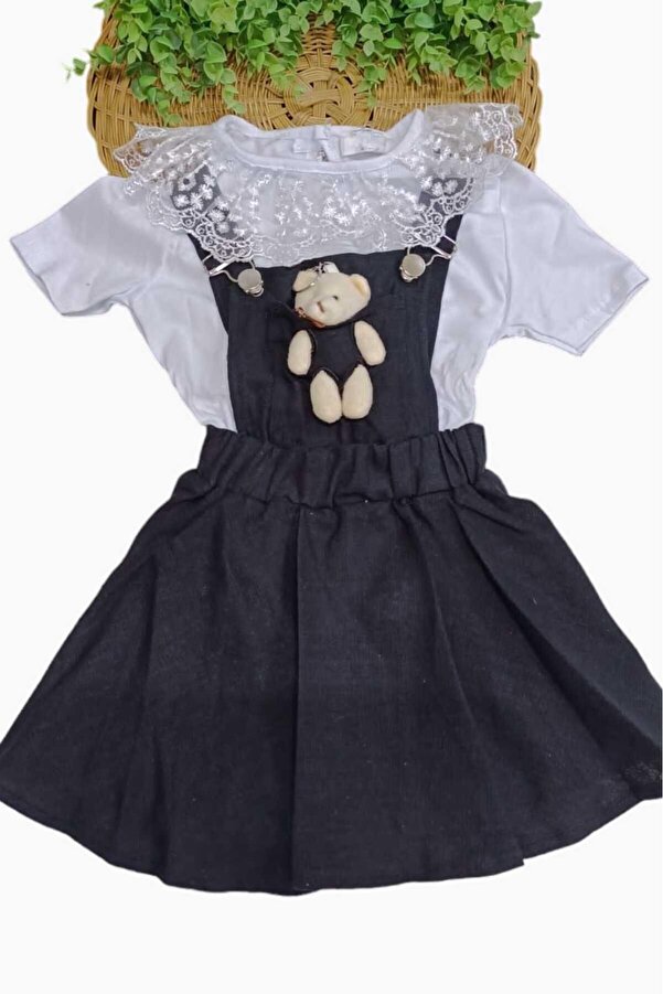 dinamik çocuk Kız Çocuk Dantelli Badili + Ayıcıklı Keten Jile Elbise 2'li Takım Ayarlanabilir Askılıklı Bayramlık