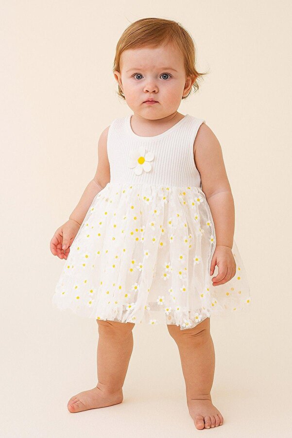 dinamik çocuk Papatya Desenli Tüllü Elbise Üstü Fitilli Kolsuz Yazlık Alttan Çıtçıtlı Bodyli Kız Çocuk