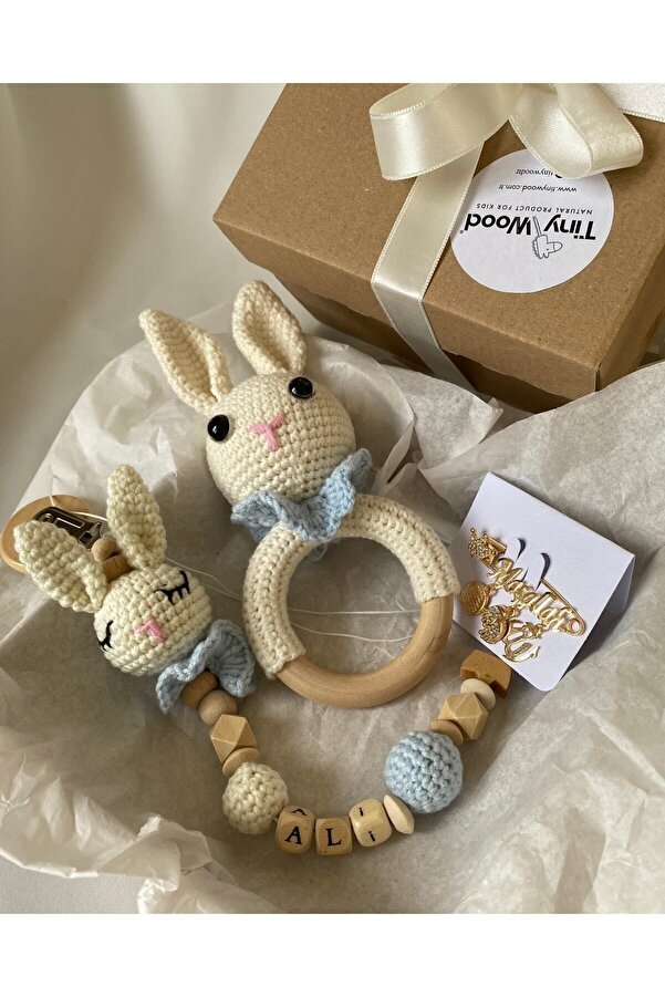 tiny wood Hoşgeldin Bebek Hediyelik, Erkek, Yenidoğan Bebek Isimli Emzik Askısı Hediye Seti, Diş Kaşıyıcı