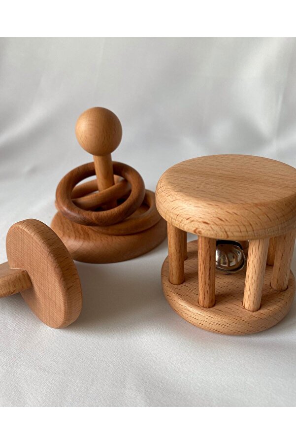 tiny wood Doğal Ahşap Montessori Ahşap Oyun Seti, Oyun Halka, Disk, Çıngırak Seti 3 Lü