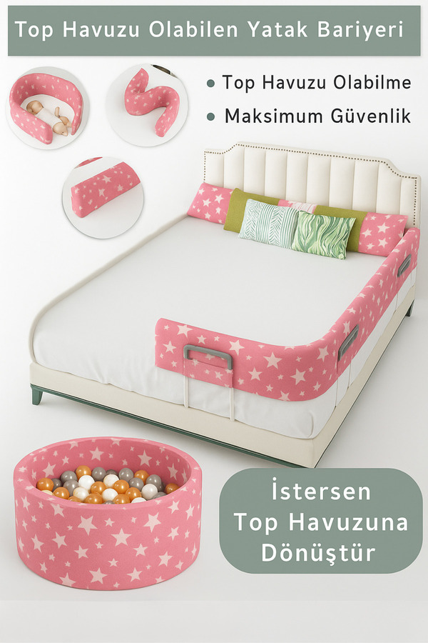Dizanor Yeni Nesil Top Havuzuna Dönüşebilen 240 cm Tek Parça Yatak ve Beşik Güvenlik Bariyeri