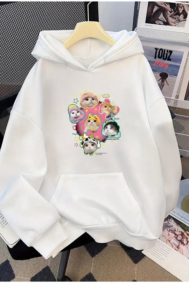 Le Savu The Cats Printed Kangaroo Pocket Hooded White Color Sweatshirt