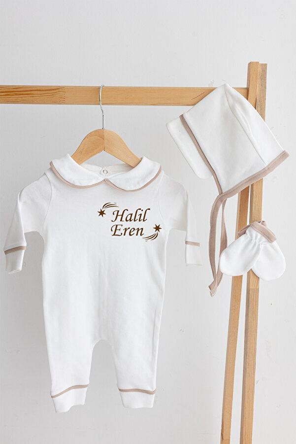 Bebe wini İsme Özel Baskılı Bonet Şapkalı 3'lü Pamuklu tulum seti