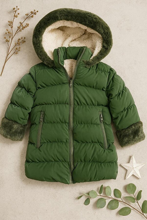 ZERA KIDS Yeni Sezon İç Astarı Kürklü Kapüşonlu Kız Bebek-Çocuk Mont