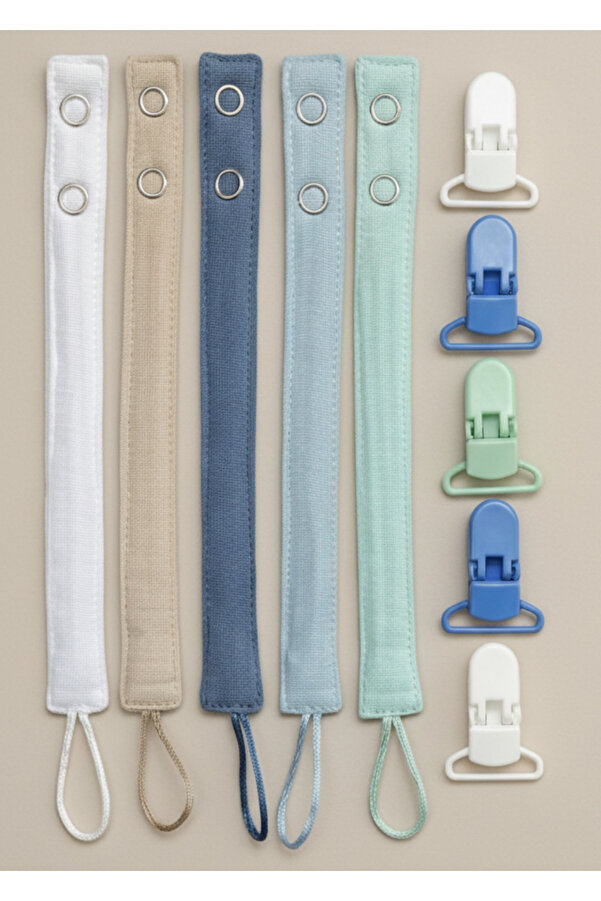 Joyous Mom Kids 5'li Yıkanabilir Renkli Emzik Askısı Emzik Zinciri %100 Pamuk (5 Askı 5 Klips)