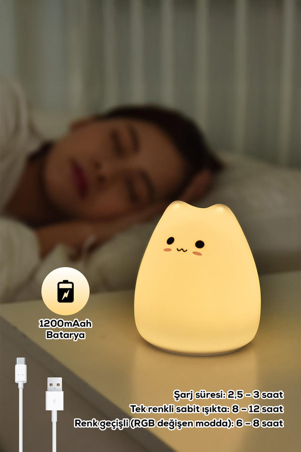 MUJGAN Kedi Şekilli Dokunmatik RGB Gece Lambası- Silikon Şarjlı LED Işık Çocuk Odası Uyku Lambası