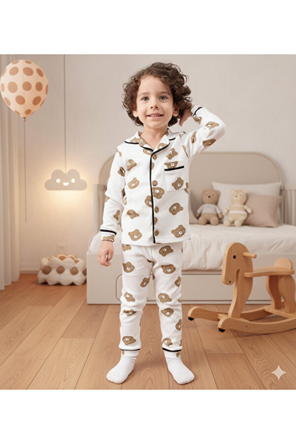 Bebelove Erkek Bebek Ve Çocuk Ayıcıklı Boydan Düğmeli Pijama Takımı