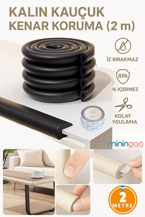 Miningaa 2 Metre Iz Bırakmaz Mat Siyah Kalın Kauçuk Kenar Koruma Bebek Çocuk Masa Sehpa Kenar Ve Darbe Koruma