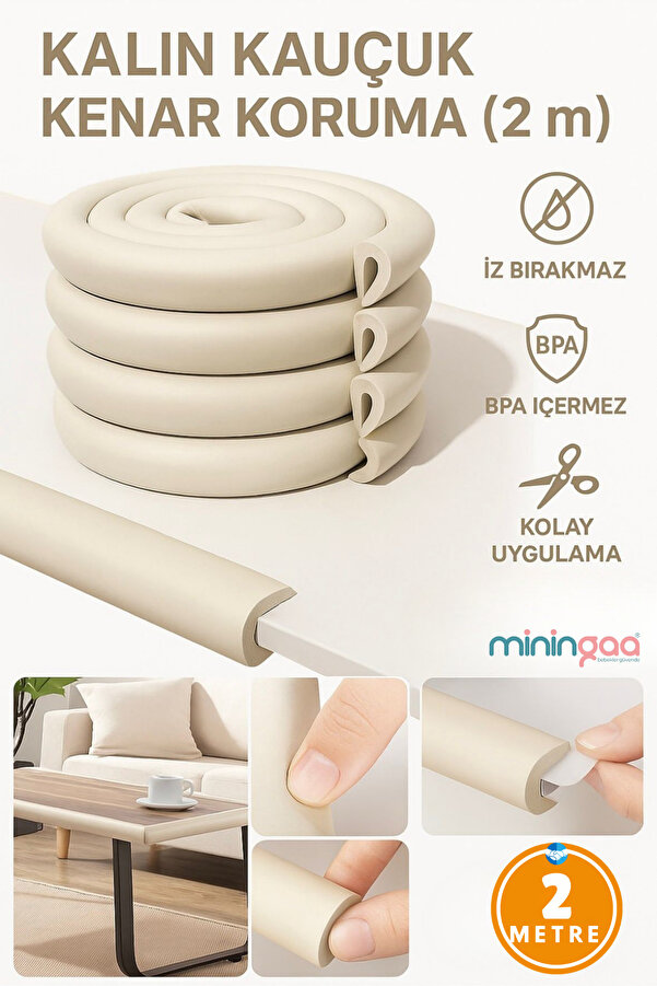 Miningaa Iz Bırakmaz Gri Renk Kalın Kauçuk Kenar Koruma 2 Mt Bebek Çocuk Masa Sehpa Kenar Ve Darbe Koruma