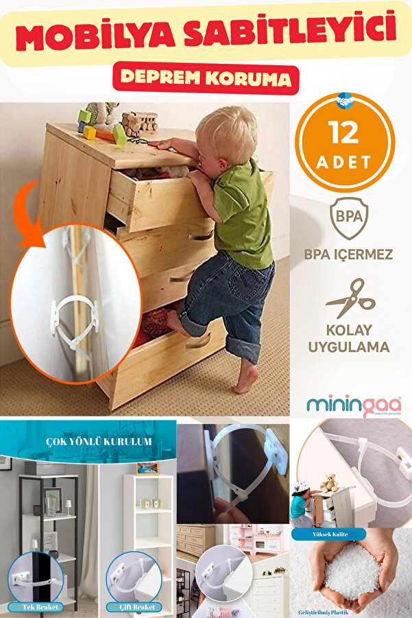 Miningaa 12 Adet Kolay Montaj Deprem Güvenlik Mobilya Dolap Düşme Engelleme Mobilya Sabitleme Bebek Güvenlik
