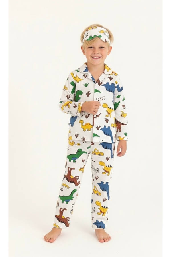 Beka Kids Dinazor Desenli Uzun Kollu %100 Pamuklu Önden Düğmeli Gömlek Yaka Erkek Çocuk Pijama Takımı