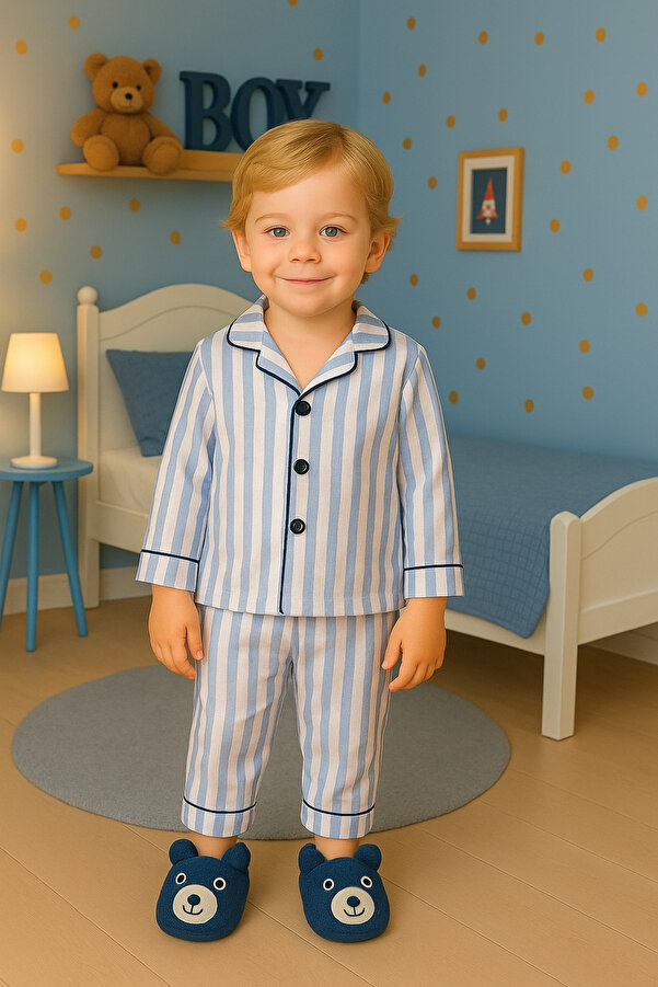 EYZ KIDS Mavi Çizgili Erkek Çocuk Önden Düğmeli Pijama Takımı