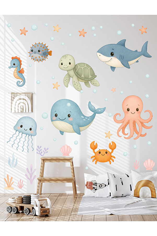 Sticker Sepetim Sevimli Pastel Deniz Canlıları Duşakabin ve Banyo Duvar Sticker Seti