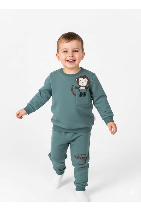 Selvira Sevimli Maymun Baskılı Eşofman Takımı | Unisex Haki Yeşil Sweatshirt ve Alt Seti