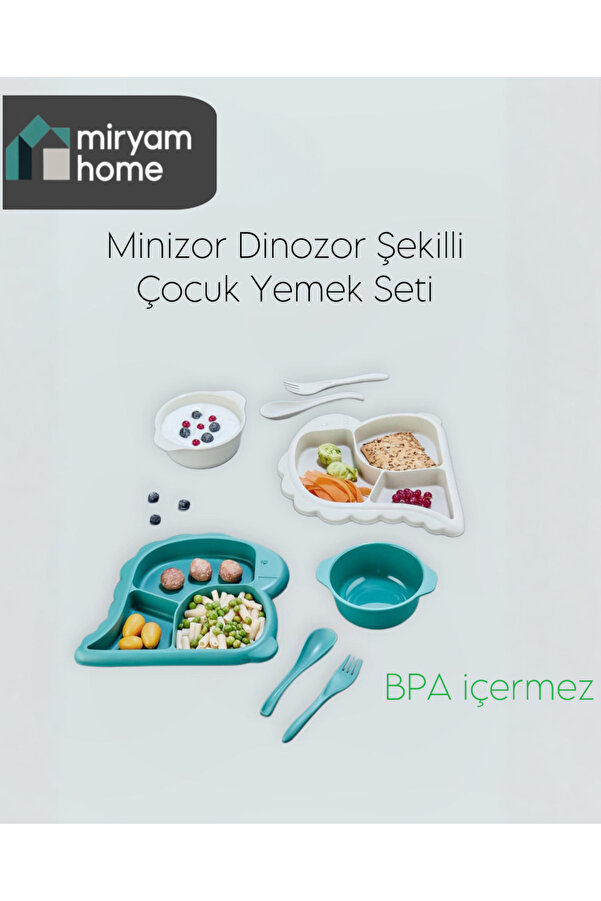 Lova MiryamHome Minizor Dinozor Şekilli Çocuk Yemek Seti Renkli 2’li Sofra Takımı Tabak Kase Çatal Kaşık