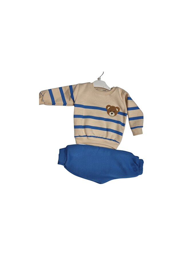 aydınlar bebe Bebek Erkek Çocuk Mavi Çizgili Ayıcık Nakışlı İkili Takım – Sweatshirt ve Alt Eşofman (1-2-3 Yaş)
