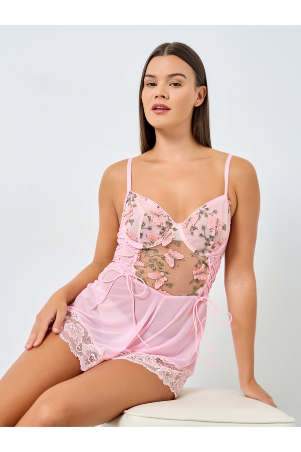 Styli Butterfly Embroidered Teddy with Lace Detail