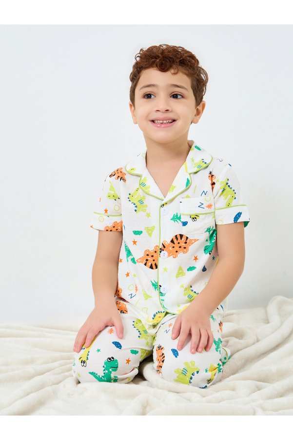 Take Two By Styli Boy White Dino Graphic Print Shirt and Pyjama Set