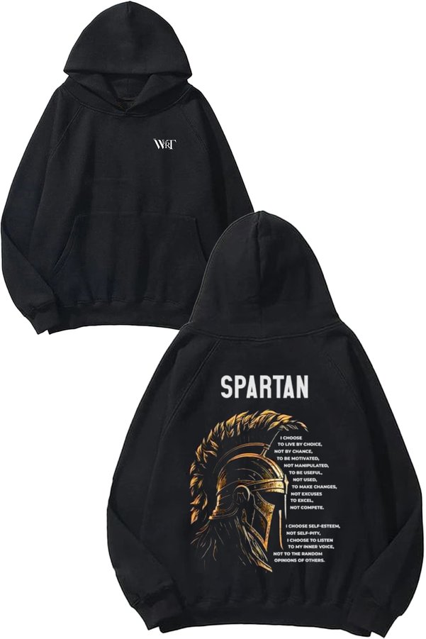 THEWERT Spartan Helmet Design Back Printed Black Hooded Sweatshirt