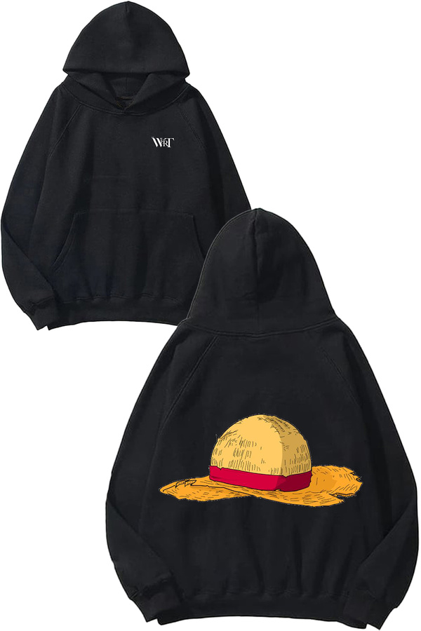 THEWERT One Piece Straw Hat Design Back Printed Black Hooded Sweatshirt
