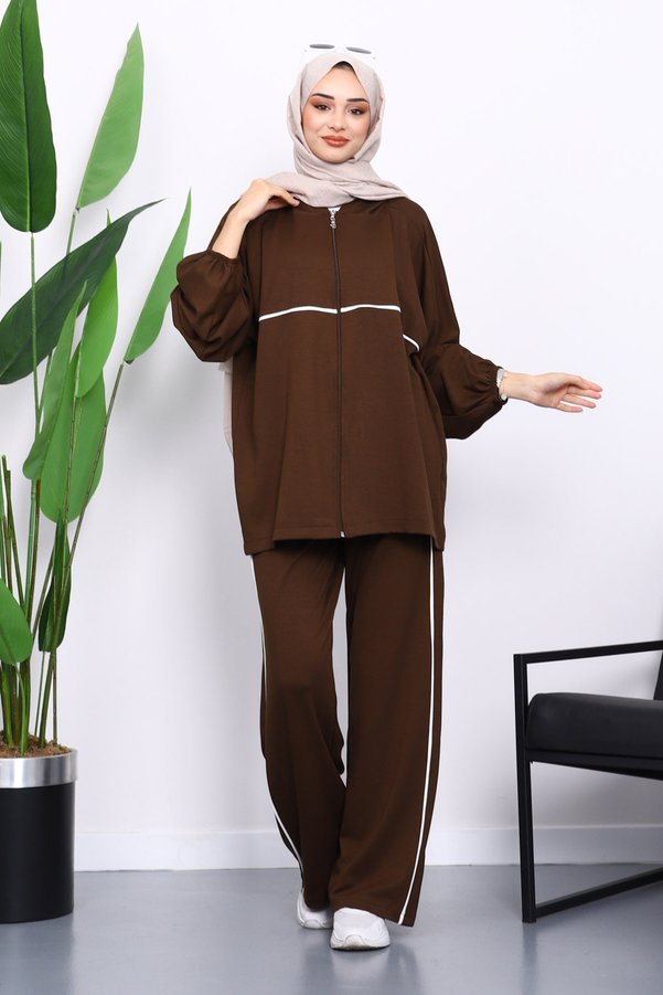 İmajButik Modal Set with Brown Zippered Sweat Pants