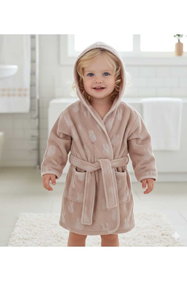 PAMUK HANIM Outlet Ürün Kapşonlu Pamuklu Kız- Erkek Çocuk Banyo Havlu Bornoz Desenli /pembe