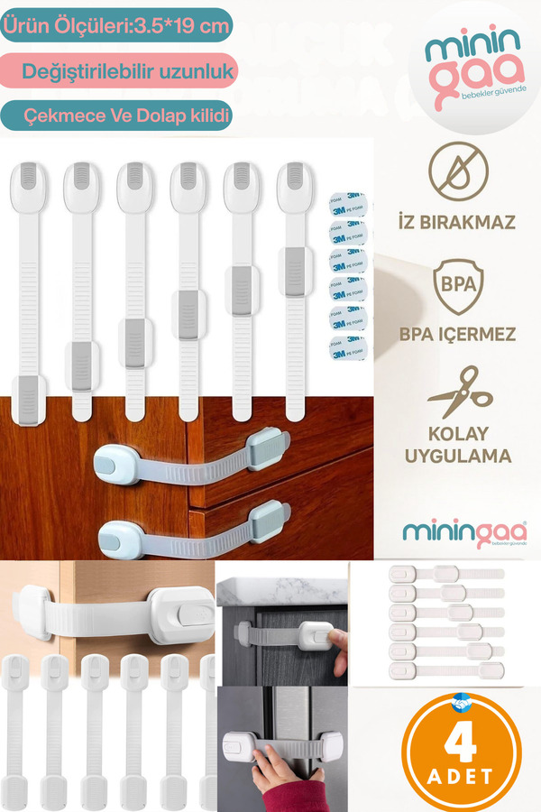 Miningaa (4'LÜ PAKET)buzdolabı, Dolaplar, Çekmeceler, Tuvalet, 3m Yapışkan Hediyeli Bebek Emniyet Kilitleri