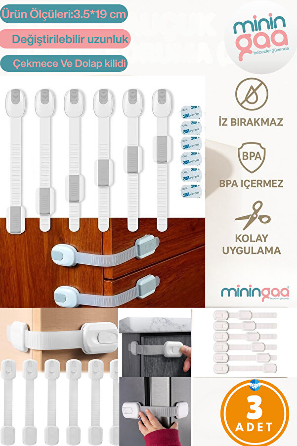 Miningaa Ayarlanabilir Çok Amaçlı Mandallı Kilit - Beyaz (3'lü)
