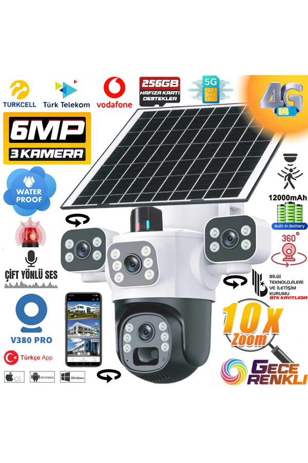 MPIA Aurora 3 Kameralı 6MP 4K 4G Sim Kart Girişli Güneş Panelli Solar 360 PTZ Akıllı Güvenlik Kamera