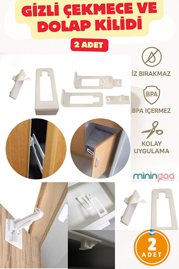 Miningaa 2 Adet Kolay Kullanım Beyaz Renk Gizli Dolap içi Ve Çekmece Kilit (EV OFİS İŞ YERİ ÇOCUK ODASI)