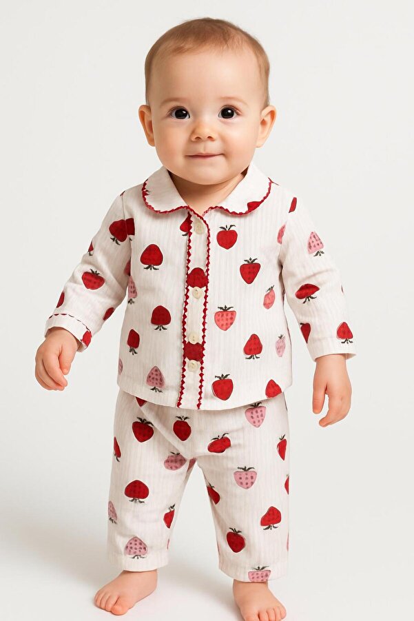 anne dokunuşu gibi KUZUM BEBE Pembe Kalpli Love Organik Omuzdan Çıtçıtlı 2’li Fitilli Kumaş Kız Bebek Çocuk Alt Üst Pijama Takımı