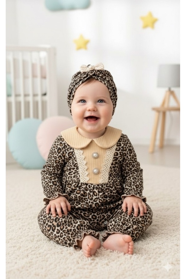 genybaby Leoparlı Mevsimlik Tulum Bandana Hediyeli 2'li Kombin