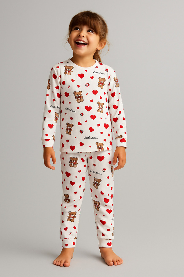 ESİLA KİDS Kız Çocuk Pijama Takımı Kalp Desenli Uzun Kollu Pamuklu 4-9 Yaş