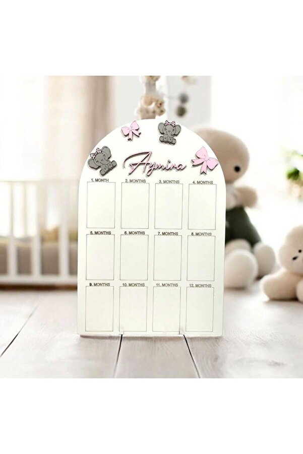 AYIŞIĞI DESİNG İsme Özel Fil temalı Ahşap İlk Yıl Fotoğraf Anı Panosu 12 Aylık bebek hatırası doğum günü panosu