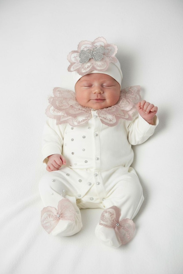Şeker Tadında Tasarımlar Pudra Güpür Ve Inci Detaylı Kız Bebek Tulum Seti,mevlüt Takımı
