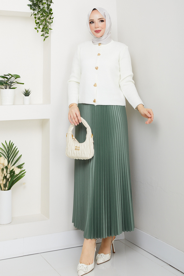 modapark.ist Women's Heart Detailed Cardigan Pleated Skirt Set