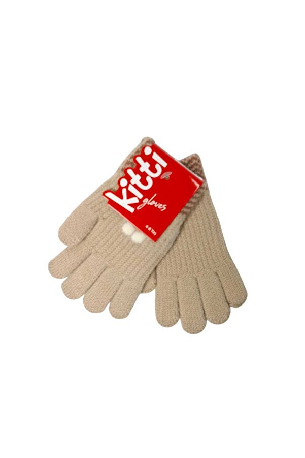Kitti Spteks 4-8 Yaş Kız Çocuk Bej Renk Çiçek Desenli Kışlık Örme Eldiven