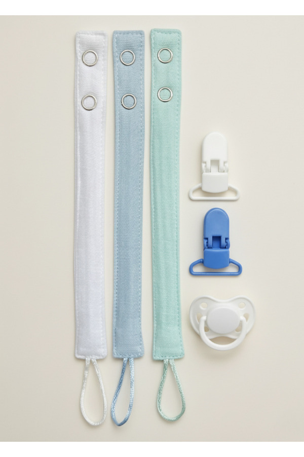 Joyous Mom Kids 3'lü Pamuk Müslin Bebek Emzik Askısı 2 Plastik Klips Kolay Açılır Emzik Tutacağı /emzik Zinciri