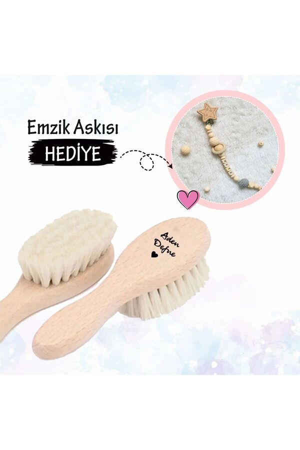 encii İsme Özel Doğal Bebek Keçi Kılı Tarak Emzik Askısı Hediyeli