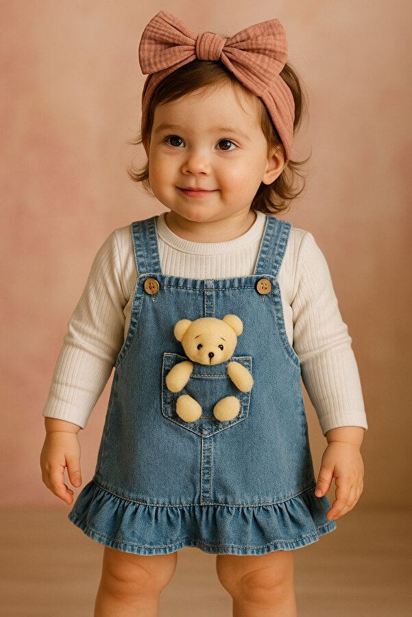 TUOBEBE Ayıcıklı Jean Jile Askılı Etek Elbise 2 Li Takım