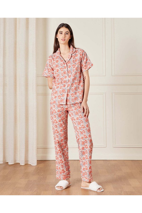 REDTAG Women Red Collared Pyjama Set (2 Piece)