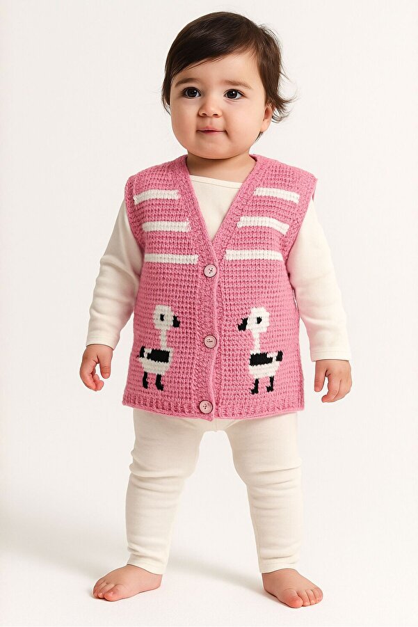 Uretti - Çiğdem 1390 3561 El Örgüsü Ördek Desenli Örgü Yelek /1 - 2 Yaş