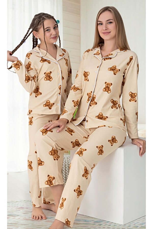 Nilsen Anne-Kız Çocuk Pamuklu Kumaş Süet Bej Ayıcık Desenli Biyeli Gömlek Yaka Pijama Takımı