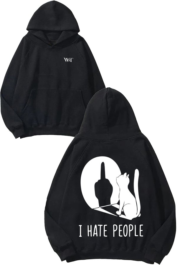 THEWERT I Hate People Black Cat Design Backpack Printed Black Hooded Sweatshirt