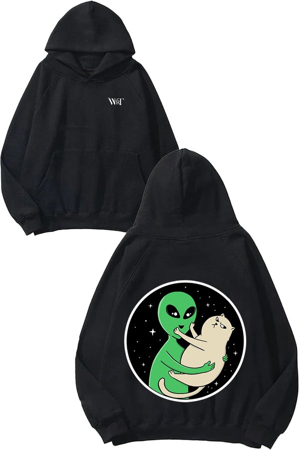 THEWERT Alien and Cat Design Backpack Printed Black Hooded Sweatshirt